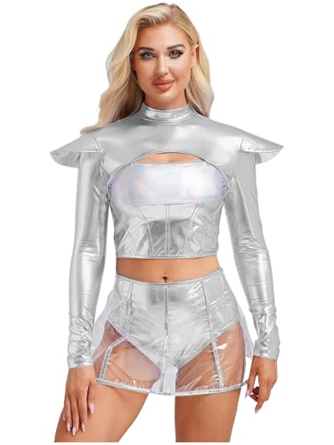 MSemis Damen Halloween Alien Outerspace Kostüm Metallic Langarm Crop Top mit Minirock Space Girl Rollenspiel Kostüm Silber S