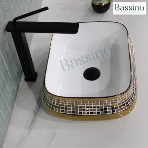 Image of BASSINO 18x14x5 Inches Ceramic Counter Top Wash Basin /1 Year Warranty /White & Rose Gold Basin for Bathroom /Rectangular Shape Tabletop Washbasin for Restaurant /Dining Hall /Living Room /Home(Glossy)