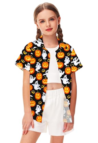 Image of Remimi Unisex Kids Halloween Shirt Boys Pumpkin Ghost Shirts Hawaii Button Up Tops 5-14 Years
