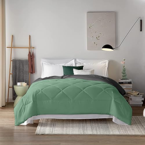 Image of Filbert 600 GSM Comforter for Double Bed | Super Warm Winter Quilt /Rajai | Thick Microfiber Blanket with Cloud-Soft Fill | Luxury Bedding for Winters - 90x100 Inch | Sage /Dark Grey