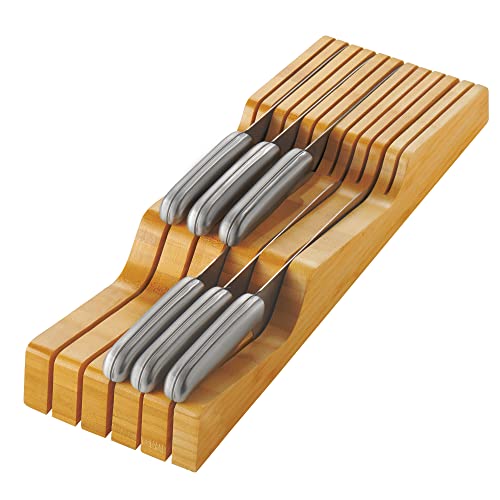 Comparison: Best Steak Knives Holder 11 In-Drawer Knife Block - Bamboo Knife Drawer Organizer for Kitchen - Fits 5 Long + 6 Short Knives - Store Knives with Blades Pointing Down - Wooden Steak knife Holder without Knives - Chef Gift Idea