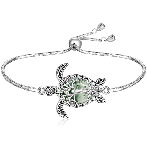 Turtle Bracelet Moss Agate Tree of Life Sea Turtle Bracelet for Women Sterling Silver Ocean Beach Hawaiian Sea Jewelry Gifts