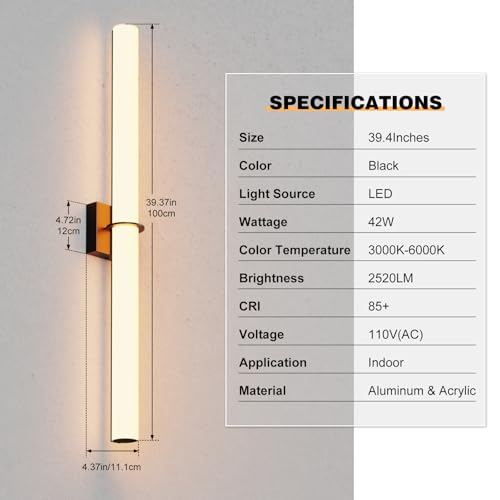 Image of 39 Inch 42W Led Bathroom Vanity Light,3000K-6000K Dimmable Vanity Lighting Fixtures with White Acrylic Lampshade,Indoor Hardwired Wall Light Over Mirror for Mirror Restroom(Black,1 Pack)