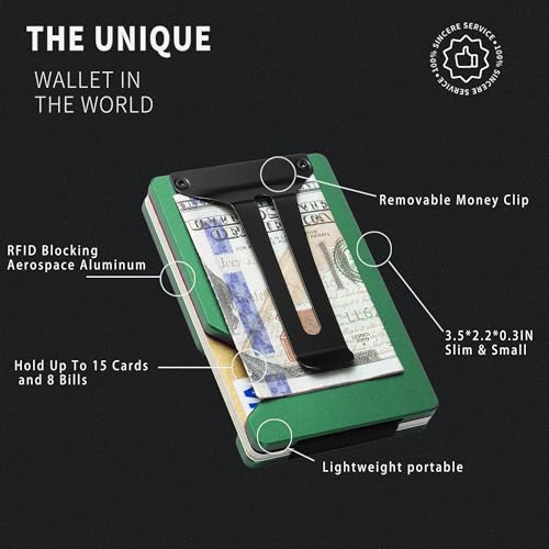 Image of Minimalist Wallet for Men, Slim Metal RFID Blocking Wallet Credit Card Holder Money Clip & Cash Strap, Scratch-Resistant Holds 15 Cards,Ideal Gift for Men | Matte Forest Green