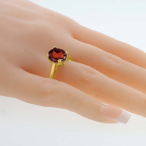 Gem Stone King 3.63 Cttw Oval Red Garnet and White Diamond 18K Yellow Gold Plated Silver Solitaire Ring For Women | Gemstone Birthstone | Available In Size 5, 6, 7, 8, 93