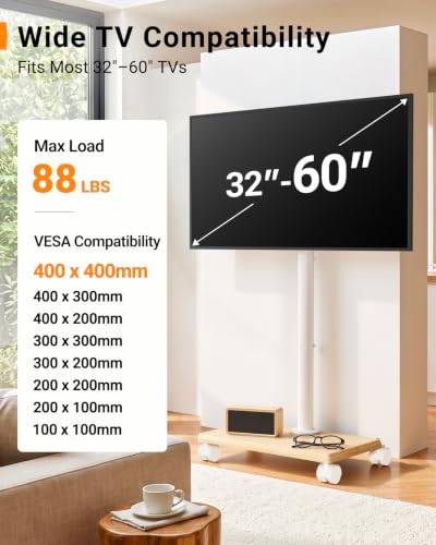 Image of Perlegear Rolling TV Stand with Wheels for 32-60 Inch TVs | Height Adjustable Mobile TV Cart , Tilt -10 to 5, 88lbs Capacity, VESA 100x100-400x400,Wood Base & Locking Wheels-White