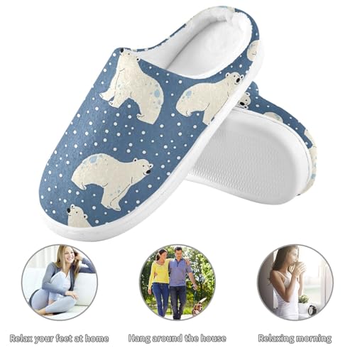 JUNZAN Cartoon Polar Bear Stars Blue Cotton Slippers for Men Washable Memory Foam Indoor Slippers for Hotel Birthday Presents 6-73