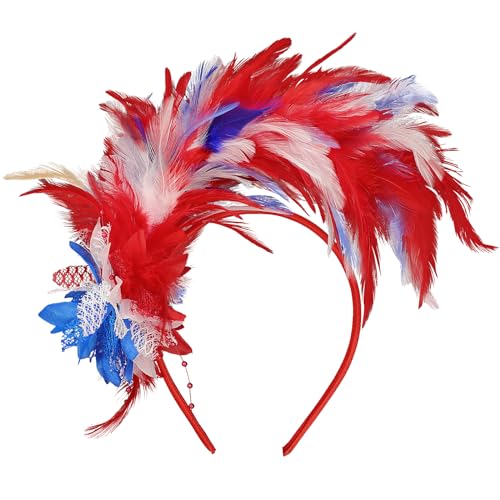 MWOOT Bandeau Plumes, Années 1920 Fascinateur Plumes pour Femmes, Vintage Serre Tete Rouge Blanc Bleu, Fleur Artificielle Accessoires Cheveux pour Cocktail...