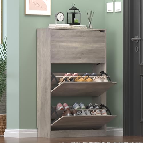 Image of HUANLEGO Grey Shoe Cabinet for Entryway with 3 Flip Drawers, 31.5 inch W | Hidden Shoe Rack for Entryway, Freestanding Shoe Storage for Hallway,, Living Room, Entrance Organizer Closet