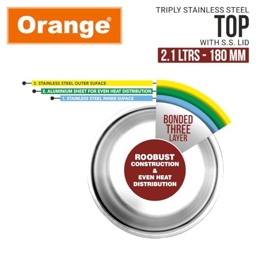Orange Triply Stainless Steel Tope Milk Pot/Boiler/Tea Pot/Patila/Bhagona | 2.1L 18CM with Steel Lid, for Soups/Desserts/Broths | Sandwich Bottom |... - Image 3