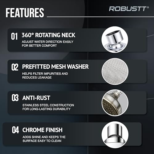 Image of Robustt Shower Head for Bathroom Overhead | 8x8in Square Rainfall Bath Shower with 81 Anti-Clog Silicone Nozzles, 360 Swivel, High Pressure Flow & Chrome Finish | Easy Installation