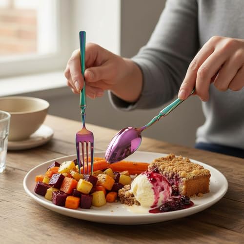 Image of 20 Pcs Rainbow Slim Handle Stainless Steel Cutlery Set for Dining Table with Spoons and Forks Set + Butterknives - The Perfect Tableware /Flatware