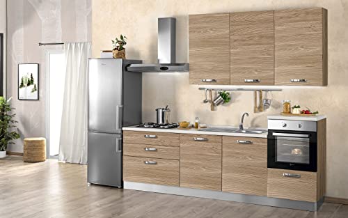 Cocina completa de electrodomésticos (horno, fregadero, campana cocción) diseño lineal - efecto nogal claro - Dimensiones: 270 x 60 x 240 cm - horno derecho