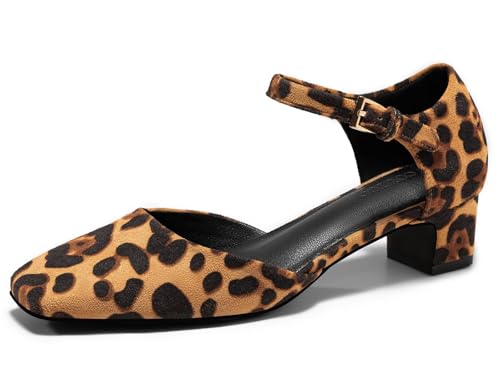 Image of Coutgo Womens Chunky Low Heels Dress Shoes Ankle Buckle Strap Square Toe D'Orsay Pumps Work Party Shoes