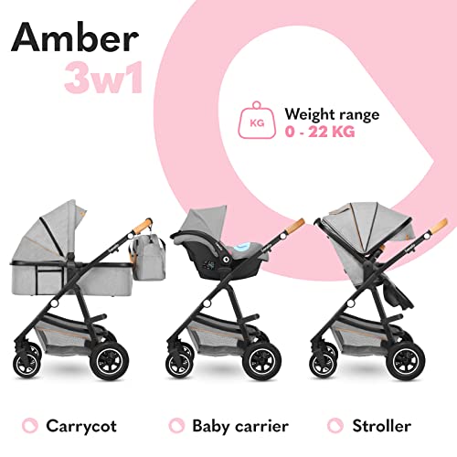 LIONELO Amber Kinderwagen 3 in 1 Kombikinderwagen Set sportlicher Sitz fester Babywanne Autositz Tasche Moskitonetz Regenschutz XXL-Dach mit Sonnenschutz (GRAU)