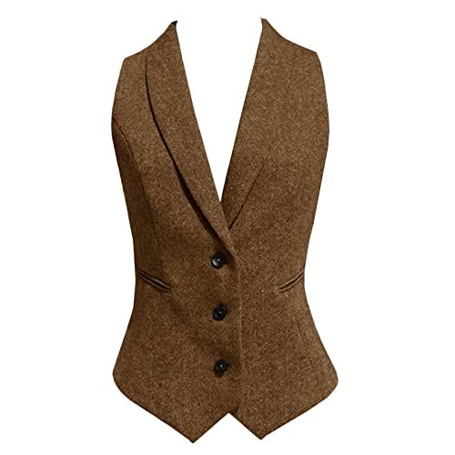 Women Wool Blend Vest V-Neck Dressy Vintage Button Down Waistcoat