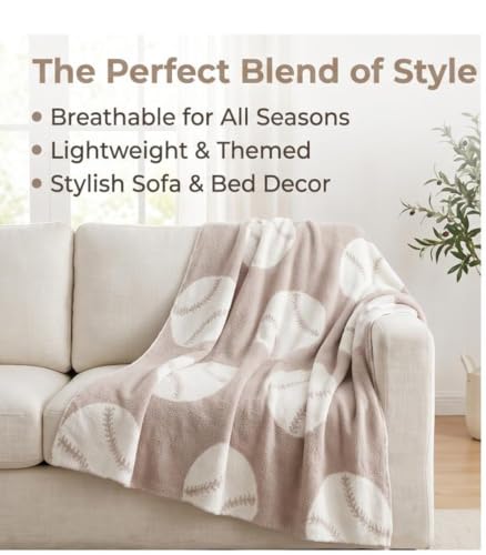 Image of Ultra Soft Cozy Baseball Sports Knitted Throw Blanket Fluffy Microfiber Bed Blanket Lightweight Both Sides Blanket for Couch Sofa Bed Cream