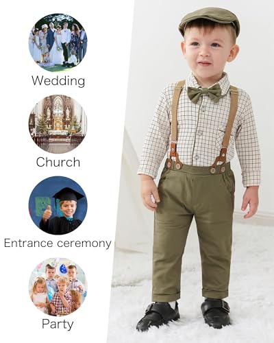 Image of nilikastta Baby Boy Wedding Outfits Infant Baby Boy Clothes Suit Dress Shirts /Suspender Pants /Bowtie /Beret Hat 0-18M