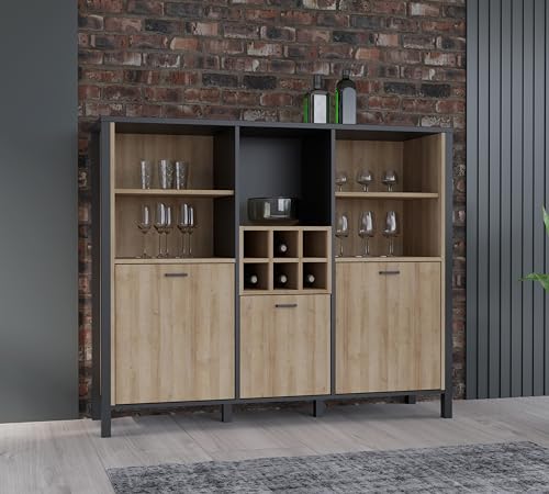 Forte HIGH Rock Bücherregal 140, Regal mit 3 Türen, Standregal, Wohnzimmerregal, Büroregal, Holzwerkstoff, Schwarz/Riviera Eiche Holzdekor, 139,4 cm breit x 117,1 cm hoch x 40,2 cm tief
