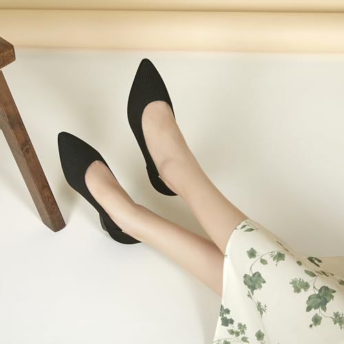Chunky Heels for Women Knit Ballet Shoes Pointed Toe Low Heel Mesh Comfortable Block Pumps Dress Shoes 6