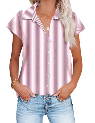 Image of HOTOUCH Button Down Shirts Cotton Pink Striped Dress Shirt Cap Sleeve Collared V Neck Office Work Pink Pinstripes Blouses Summer Soft Tops