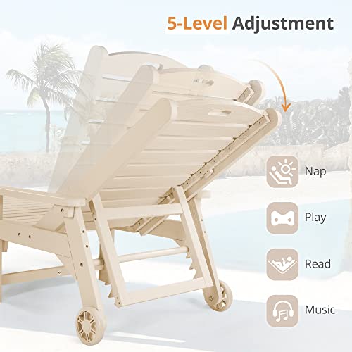 Lue Bona Outdoor Chaise Lounge Chairs Set Of 4, Poly Material, 3-Year Warranty, Patio Lounge Chair With Adjustable Backrest, Resin Pool Lounge Chairs With Wheels For Outside, Poolside, Beach, Sand #TOP4