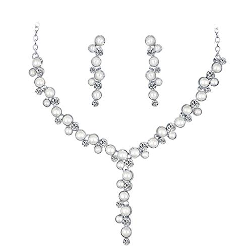BEUU Women's Crystal Simulated Pearl Elegant Bridal Banquet Waterdrop Necklace Earrings Set