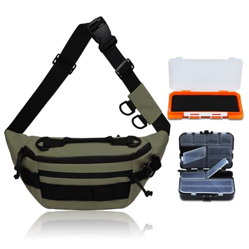 CWSDXM Fishing Waist Pack Waterproof Fanny Pack with Two Tackle Boxes Portable Sling Bag for Women & Men Oxford Fabric Green