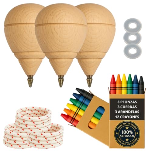 Peonza Madera para Niños Pack 3 Trompos + 12 Ceras de Colores + 3 Arandelas | Hecho a Mano en España con Punta Bolígrafo.