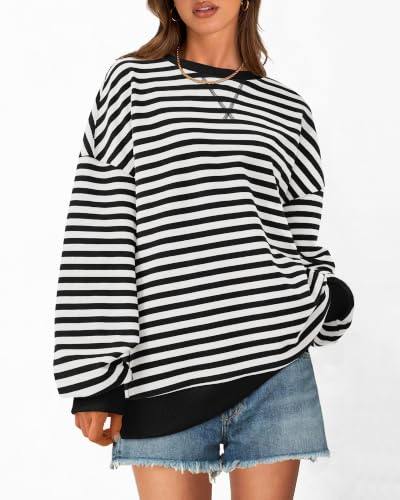 BTFBM Sweatshirt For Women 2026 Fall Crewneck Long Sleeve Oversized Striped Pullover Tops Y2K Clothes Workout Shirt(White Black, X-Small) — view 3