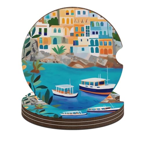 4PCS Portavasos para Carro con Diseño Town with Boats miniatura 1