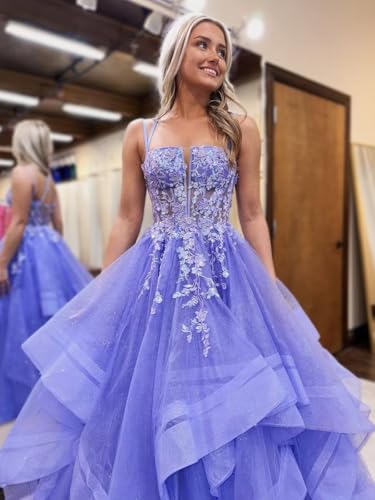 Spaghetti Straps Tulle Prom Dresses for Women Laces Ruffle Sparkly Tulle Formal Evening Gown ZX583