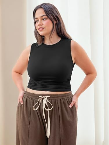 CIDER Plus Size Tops for Women Sleeveless Ruched Crew Neck Crop Tank Top Summer Casual Outfits3