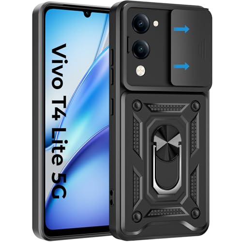 Image of A rtistque Armor Bumper Back Case Cover for Vivo T4 Lite /IQOO Z10 Lite | Stylish Ring Holder & Inbuilt Stand | Sliding Camera Cover | IQOO Z10 Lite 5g Back Cover - Black