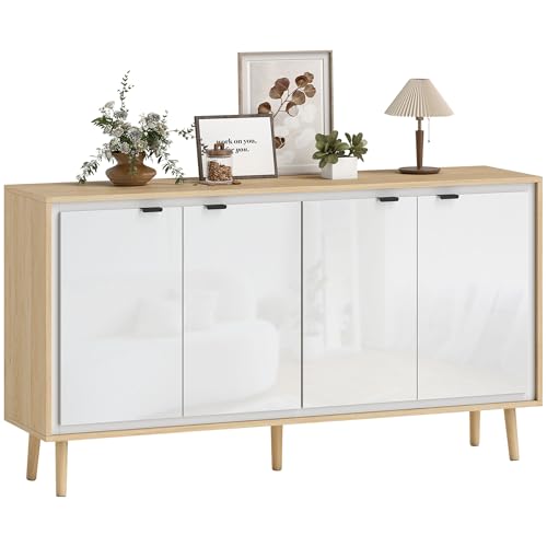 HOMCOM Aparador alto brillo, mueble de almacenaje con 4 puertas, estantes regulables, patas de madera, estilo moderno, aparador para comedor, cocina y salón, 141 x 35 x 77 cm, blanco y roble
