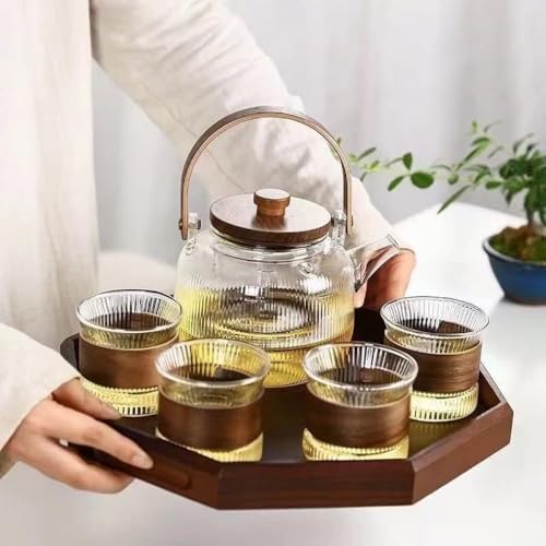 Zxyler おしゃれ大容量耐熱ガラス急須 直火可・IH 対応ティーポット 木製持ち手茶こし付き茶器 割れにくい食洗機対応分茶器 ホーム・業務用・飲食店・お店用 ティーパーティに大活躍ガラス茶器