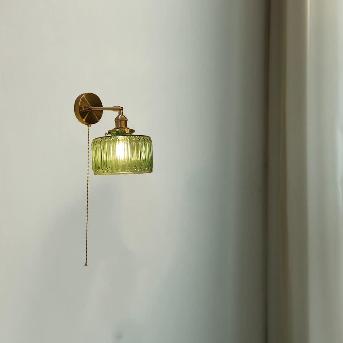 Applique murale industrielle moderne avec interrupteur à chaîne en laiton avec abat-jour en verre pour chambre à coucher, salon, couloir, cuisine, ferme, hôtel,Green
