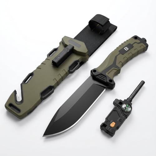 bhkz Survival Messer Outdoor mit 11cm Klinge - 5Cr13 Edelstahl Fahrtenmesser mit Multifunktions-Scheide inkl. Feuerstahl, Kompass, Pfeife & LED Camping Messer für Bushcraft