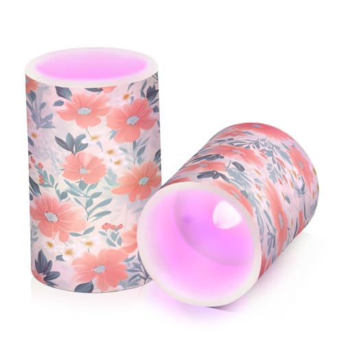 ALAZA Red Flowers Green Leaves Flickering Flameless Candles Battery Operated with Remote Timer,Tea Light Candles LED Pillar Votive Candles Set of 2 for Outdoor Indoor Decorations