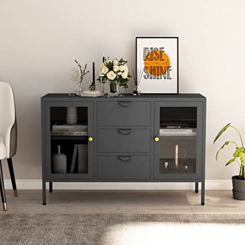 Canditree Modern Sideboard Storage Cabinet with 2 Glass Doors 3 Drawers Buffet Cabinet Cupboard Unit for Kitchen Living Room (Anthracite)
