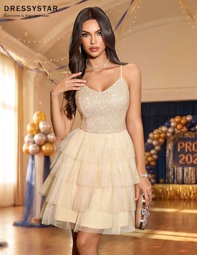 Image of Dressystar 2026 Women's Tiered Sparkly Sequin Glitter Formal Prom Dress Mini Spaghetti Strap Tulle Cocktail Party Dresses