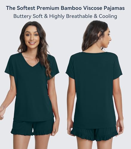Image of WiWi Womens Pajamas Set Bamboo Viscose Super Soft Short Sleeve Top Ruffle Shorts Sleepwear Cooling Pj Sets S-XXL