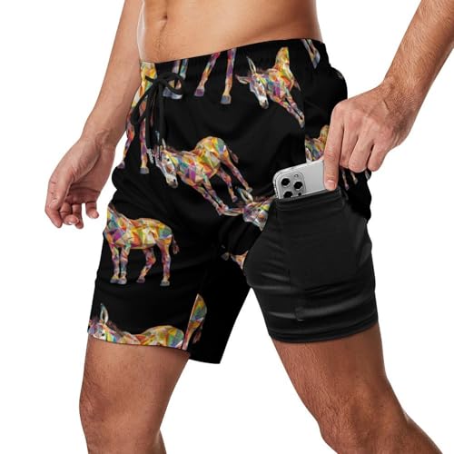 Donkey Geometric Graphic Animal Art Beach Shorts for Men Swim Trunks Quick Dry Swim Shorts with Compression Liner Pocket2