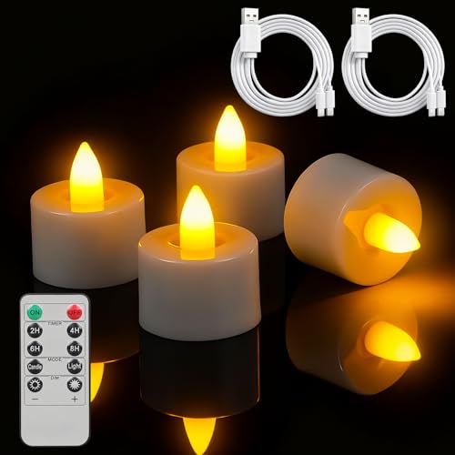 ropelux 4 wiederaufladbare Teelichter mit USB-C-Kabel realistisch flackernde dimmbare Kerzen für Weihnachten Hochzeiten Partys Feste