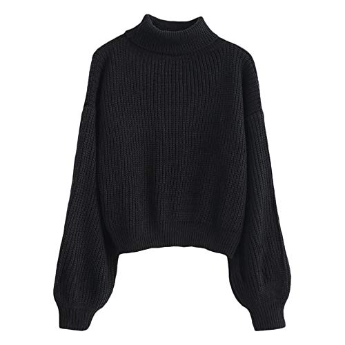 ZAFUL Women's Turtleneck Lantern Sleeves Sweater Casual Pullover Knit Jumper Top Black