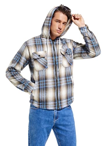 Men's Zip Up Flannel Shirt Jacket Fleece Lined Long Sleeve Plaid Coat Heavyweight Hoodie with Hood3