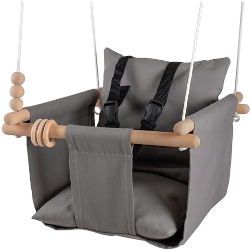 Image of Mass Lumber Indoor Outdoor Baby Swing with 3-Point Harness and Hardware for Ceiling, Porch, Doorway, Canvas Baby Swing Outdoor, Toddler Swing Seat, Toddler Swings for Outside Baby Swing for Tree Gray