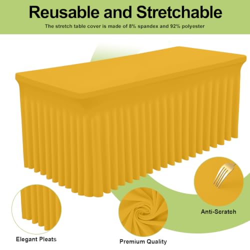 Image of Smiry Spandex Elastic Fitted Table Cloth Skirt for 8FT Rectangle Table | Stretch Washable Table Cloth, Banquet Table Cover for Wedding, Party, Indoor & Trade Shows, (Mustard Yellow, 96Lx30Wx30H)