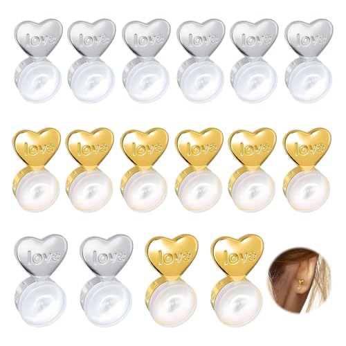 Lot de 16 Fermoir Boucles d'Oreilles Silicone Cœur, Attache Support Boucle d'Oreille pour Oreilles Tombantes et Lourdes, Hypoallergénique Earring Backs Lifters Sécurisés Accessoires Bijoux (Or/Argent)
