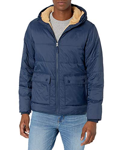 Amazon Essentials Men's Long-Sleeve Water-Resistant Sherpa-Lined Puffer Jacket, Navy, Large